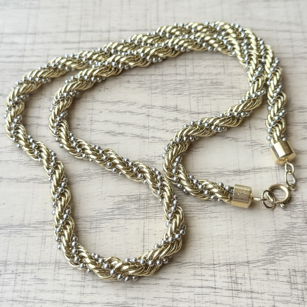 Vintage Retro MCM Gold Silver Tone Twisted Beaded Chain Necklace Woven Snake 23"